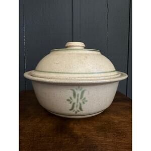 Vintage Haeger Pottery Casserole Baking Serving Dish w Lid Stoneware Tan Green